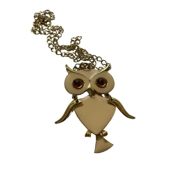 VTG ART Gold Tone Metal Cream Enamel Articulated Jointed Owl Pendant Necklace - Picture 6 of 16